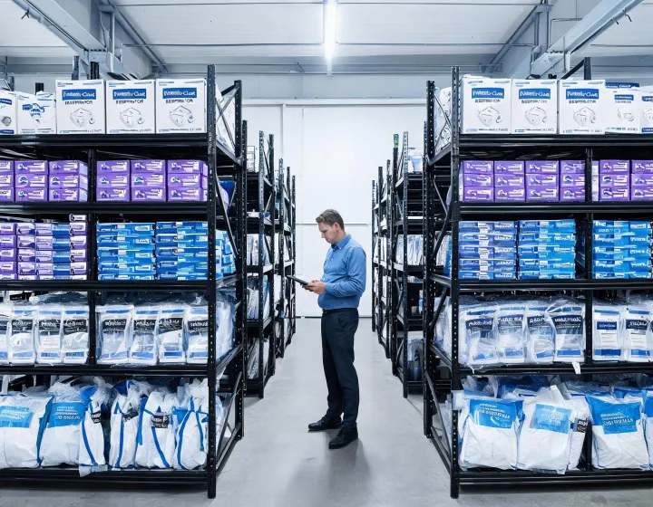PPE supply room with respirators and nitrile gloves